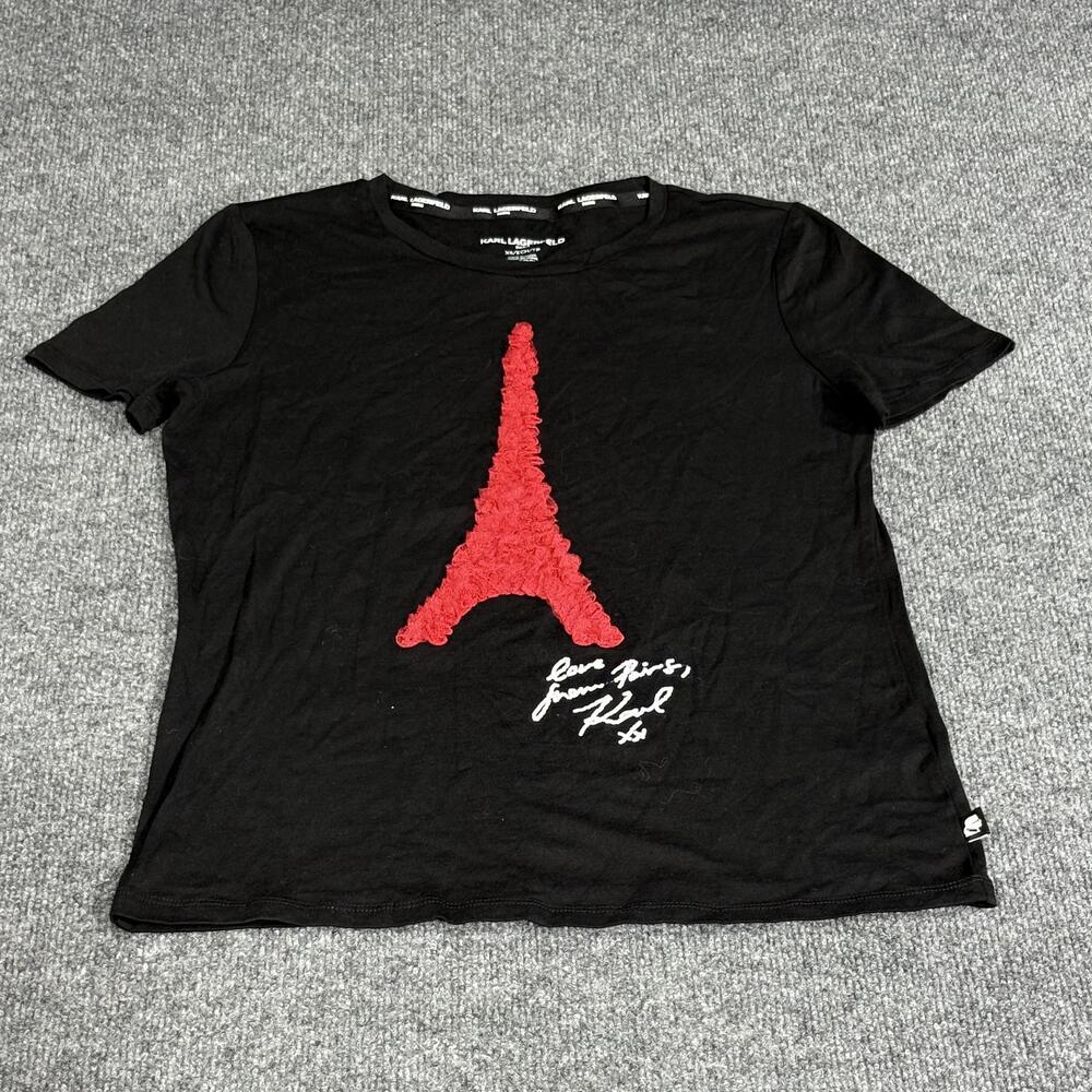Karl Lagerfeld Shirt Womens XS Black Eiffel Tower Paris Graphic Tee Top